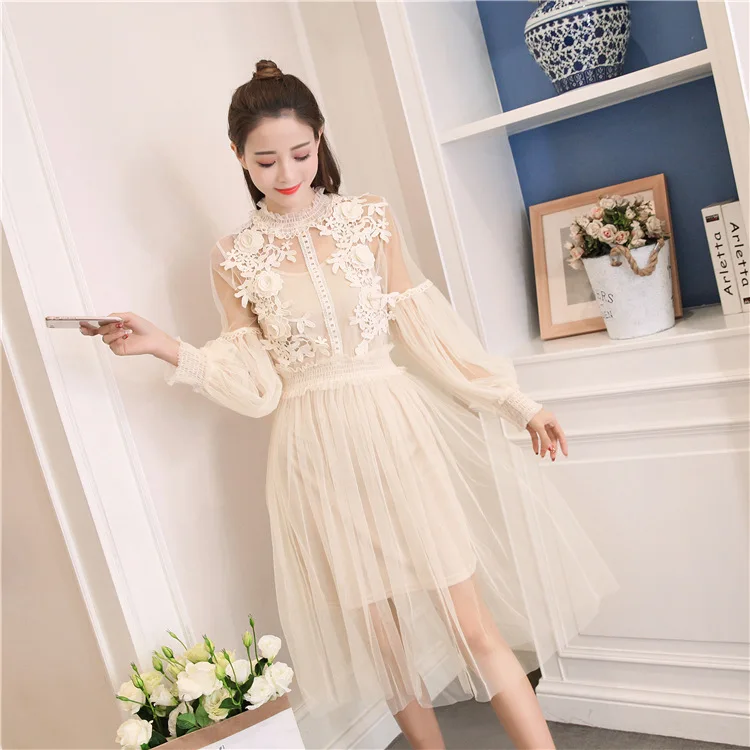 

New Lace Dress Women Sexy dresses Lantern Sleeve High Waist Slim Perspective Gauze party dress vestidos 2018