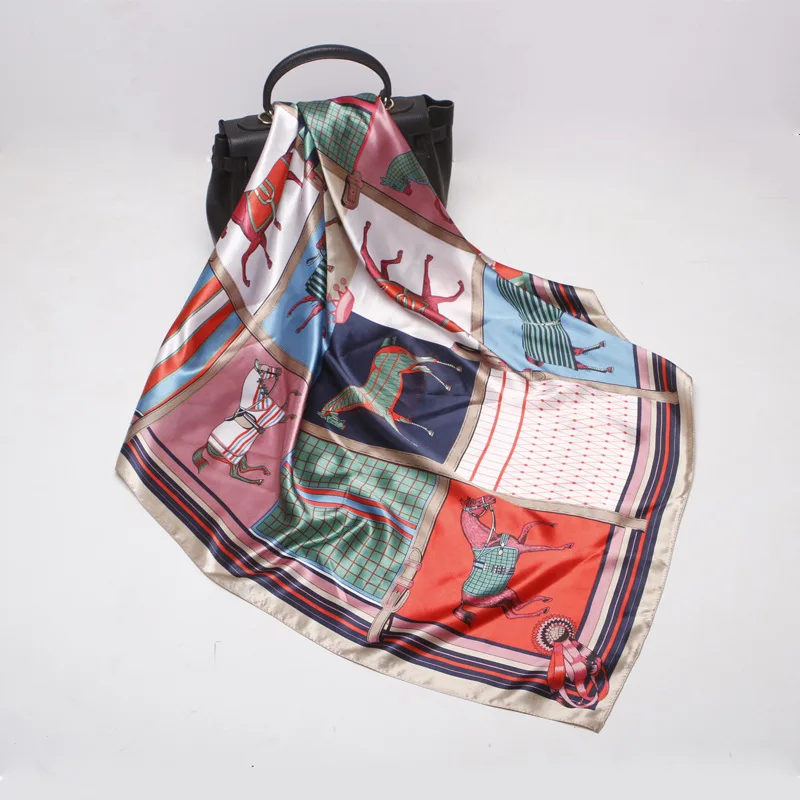 

New Design Silk Scarf Women Fashion 2019 Summer Horse Printed Square Scarves Female Foulard Bandana Large Head Hijab 90*90cm