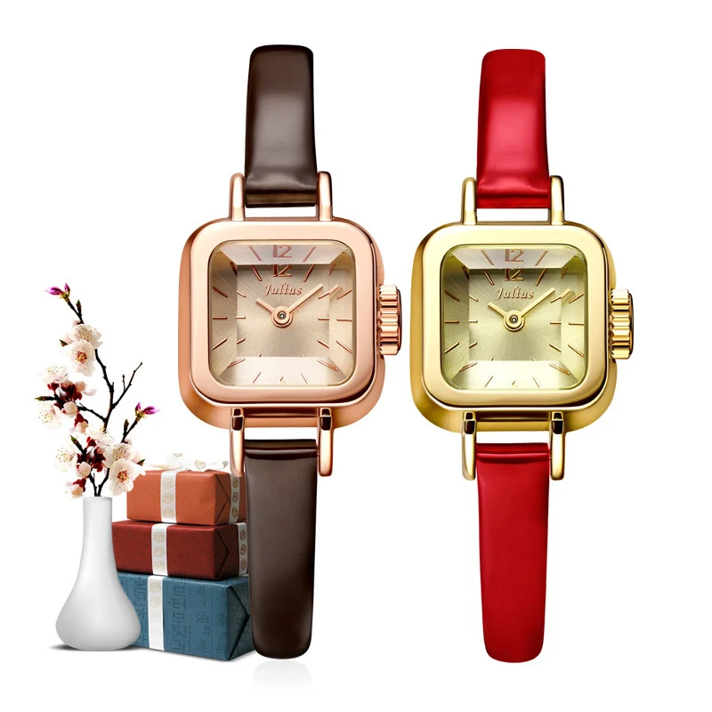 Julius Unique Square Small Dial Small Ladies Watches Women Thin Leather Strap Quartz Watches Rose Gold Female Watch Montre Femme