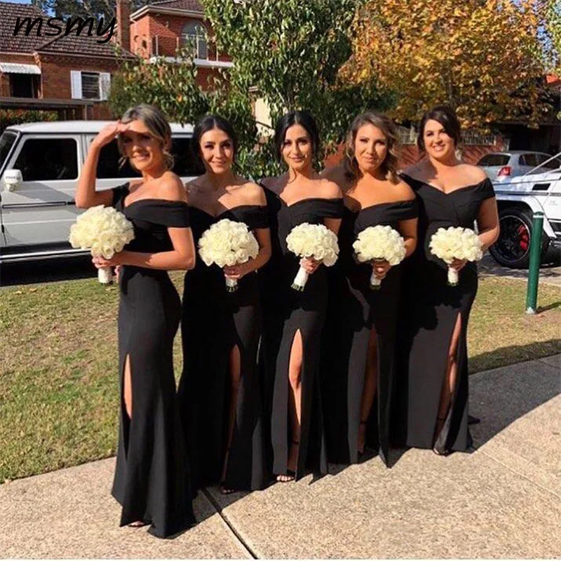 

Black Bridesmaid Dresses For Western Garden Boho Weddings A Line Elegant Off Shoulders Split Maid of Honor Gowns Cheap