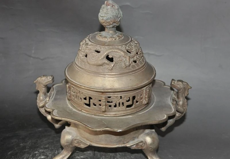 

8"Marked Old Chinese Silver dragon beast elephant statue incense burner Censer
