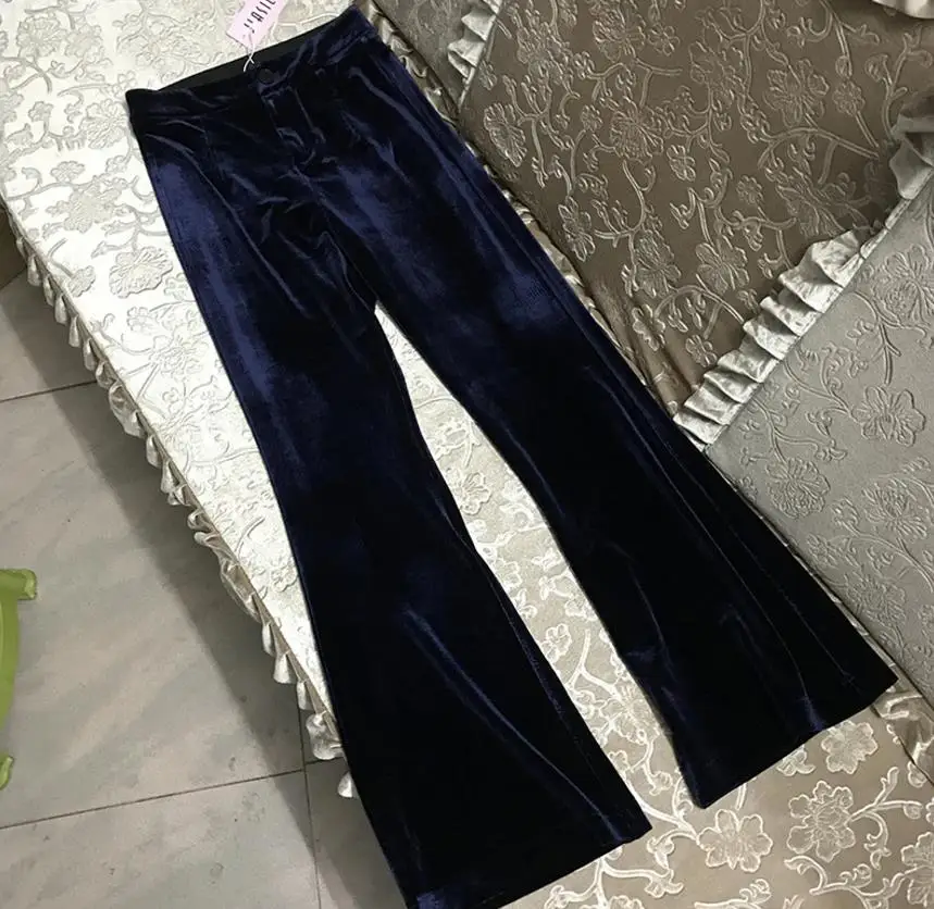 Бархатные расклешенные брюки женские тонкие весенние осенние новые бархатные широкие брюки длинные брюки - Цвет: Синий