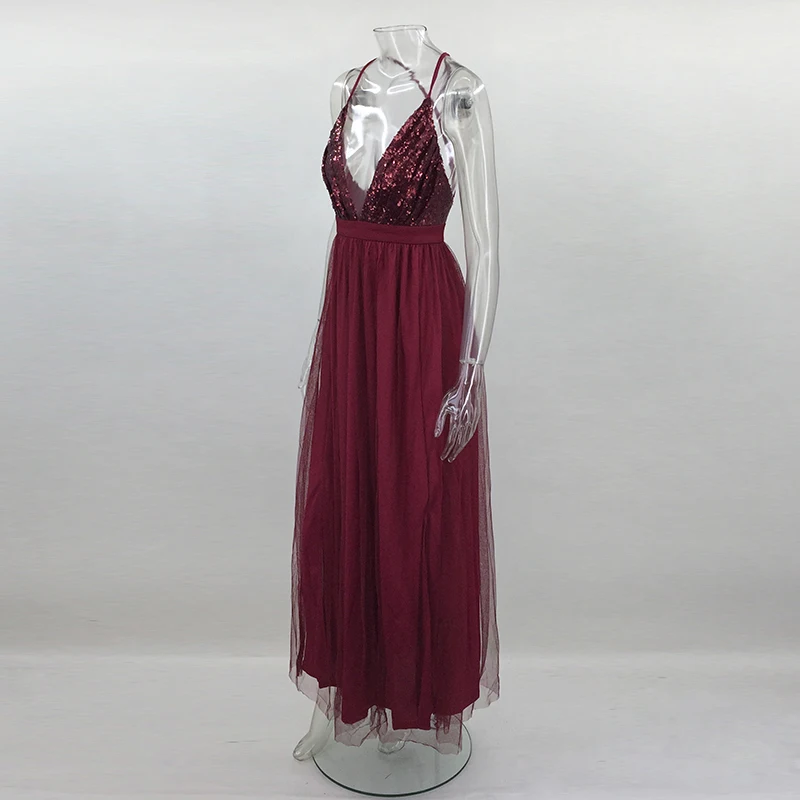 Розовый цвет шить перспективы Марля Свободные блесток Глубокий V ремень женские Сетчатое платье vestidos