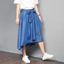 30002 летняя новая необычная джинсовая юбка Женская длинная Tencel винтажная Высокая талия кружевная удлиненная юбка-колокол