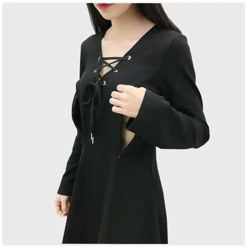 Broadcloth A-Line Solid Black Глубокий v-образный вырез Грудное вскармливание платье с длинным рукавом Сбор талии платье для беременных Одежда