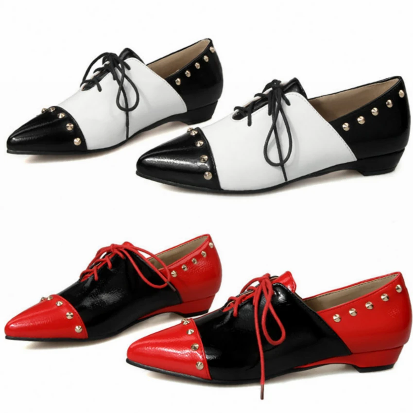 

2019 Rivets Wedding Oxfords Women Patent Leather Mary Janes Shoes Low Heel Evening Party Pumps Pointed Toe Boots Casual Shoes