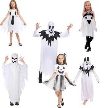 

Halloween Cosplay Sary Costumes White Ghost Costume Tattered Specter Gown Mask Girl Boy Fancy Dress for Adult Children