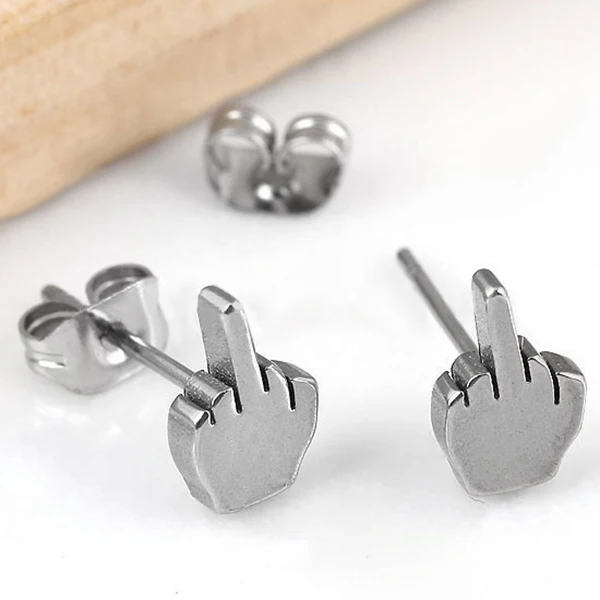 

Women Punk The Middle Finger Design Stud Earrings Medical Stainless Steel Fine Jewelry Gifts HSJ88