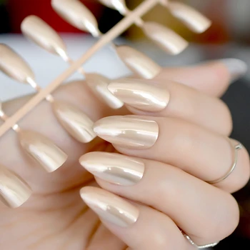 

Pretty Women Nails Champagne Ladies Mirror Fake Nails STILETTO Fashion Color Nail Art Tips 24 count