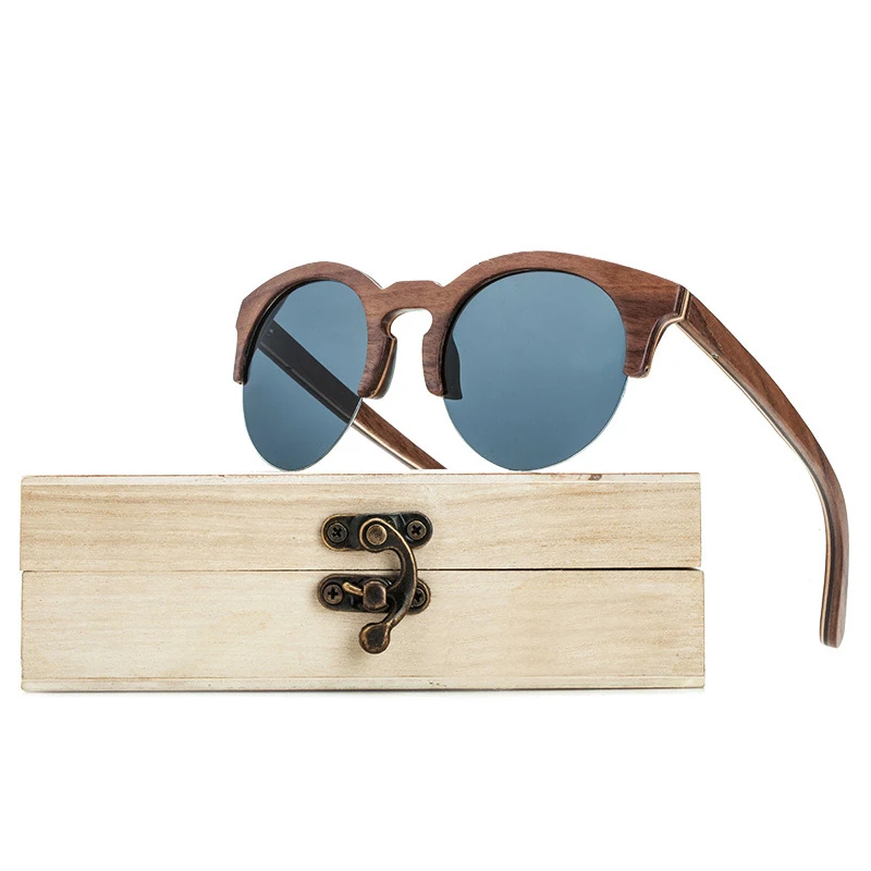 

Round Wood Sunglasses Polarized Lens Luxury Men Womens Bamboo Sunglasses Semi-Rimless