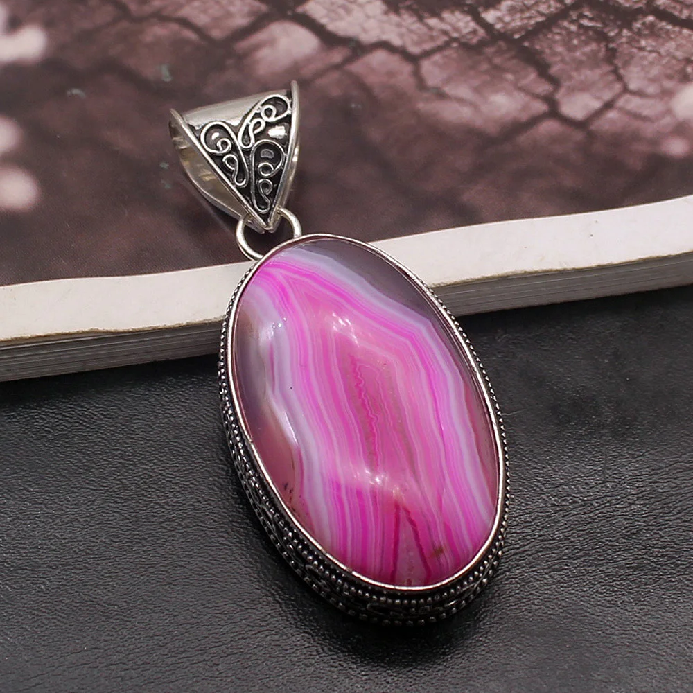 

Natural Solitaire Vintage Botswana Agate925 Sterling Silver Pendant Necklace Jewelry 2 1/4 INCH TF192