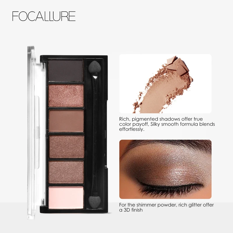 FOCALLURE 6 цветов Палетка Гламурная Дымчатая мерцающая блестящая гладкая кремовая
