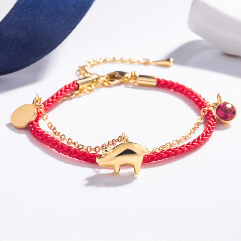 

2019 Trendy 925 Silver Chain Bracelets for Women Exquisite Zircon Red Rope Zodiac Gold Pig Bangles Girl Anniversary Jewelry Gift