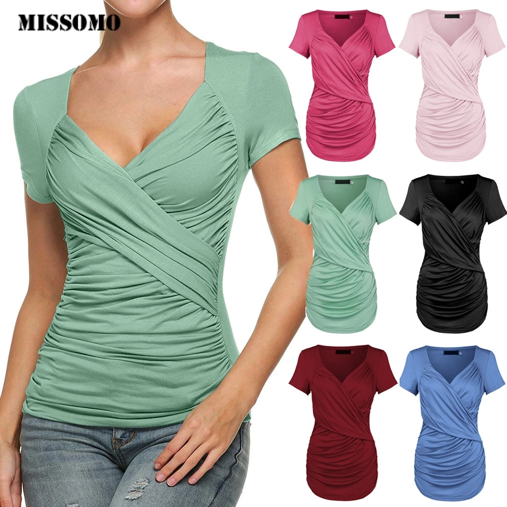 

MISSOMO women t shirts 3xl tee shirt femme 2019 Summer Women T-shirt Sexy Cross Low Cut Front Knot Casual Silm Top T-Shirt