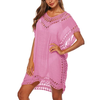 

Ladies Lace Hollow Cover Up Casual Summer Dress Women V-Neck Loose Beach Dress