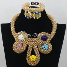 Прозрачная золотистая цвета шампань Бусы Свадебные ожерелье, набор в нигерийском стиле Свадебные африканские бусы комплект ювелирных изделий Рождественский подарок AIJ390