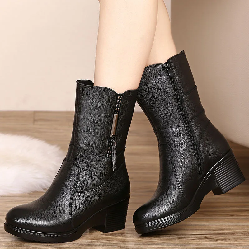 Dames Fsj Cuir Épais Matures D'hiver Solide Rond Chaussures En Mi Zip Bottes Noir Printemps Peluche Véritable Femme Talons 2019 Fsj01 Bout mollet HrTBfH