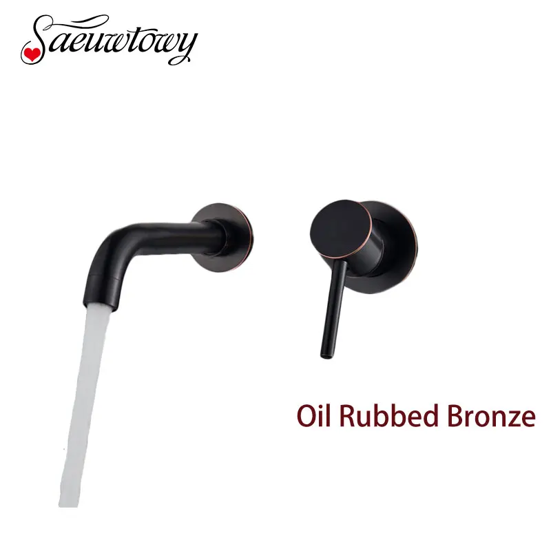 

Saeuwtowy Oil Rubbed Bronze Concealed Bathroom Sink Faucet Wall Mounted One Handle and Dual Holes Hot and Cold Mixer Tap
