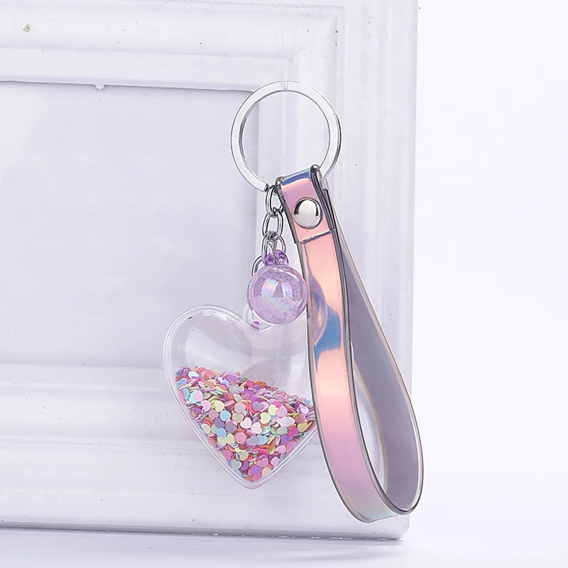 

Fashion Sequins Heart Keychain For Women Pendant Transparent Quicksand Sequin Key Chain PU Rope Lover Car Keychain Girl Gift