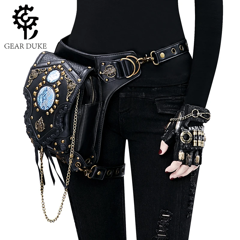 والعتاد دوق إمرأة Steampunk من أكياس القوطية رسول حقيبة يد حقيبة كتف خمر أزياء ريترو روك الخصر حزمة صغيرة حقيبة الساق 2018