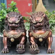 003427 12″ Chinese Bronze Gilt Guardian Foo Fu Dog Hold Ball Door Lion Kid Statue Pair