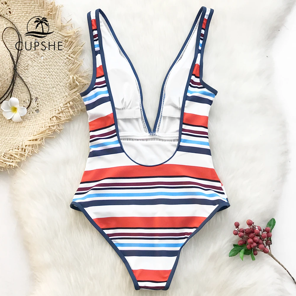 Kaufen CUPSHE Bunte Streifen Tiefer Einteiliges Badeanzug Frauen Backless Monokini Badeanzug 2020 Mädchen Sexy Bademode