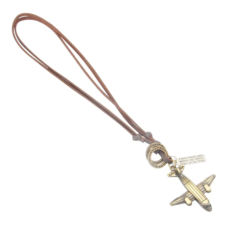 NIUYITID Antique Bronze Aircraft Plane Necklace & Pendants Men Women Handmade Genuine Leather Neclace Personalized Collar (4)