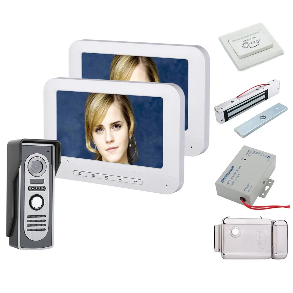 

Home Security 7 Inch TFT 2 Monitors Video Door Phone Doorbell Intercom Kit 1-camera 2-monitor Night Vision +Electronic locks Set