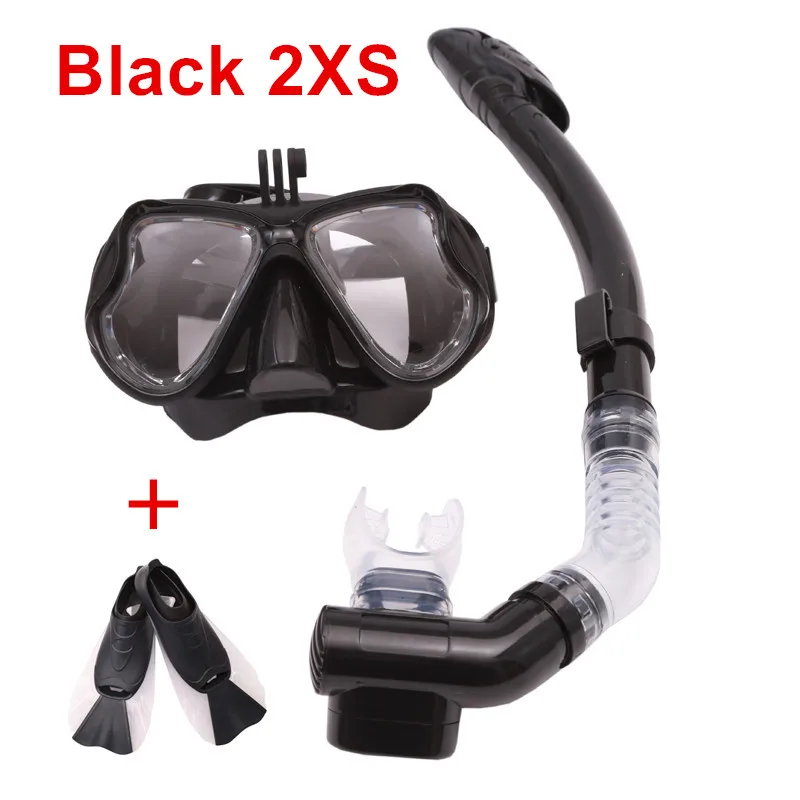 black 2XS Взрослые плавники для плавания, трубка для дыхания, держатель для камеры, погружные длинные плавники для дайвинга, ласты, дыхательные трубки, Набор масок для дайвинга - Цвет: black 2XS