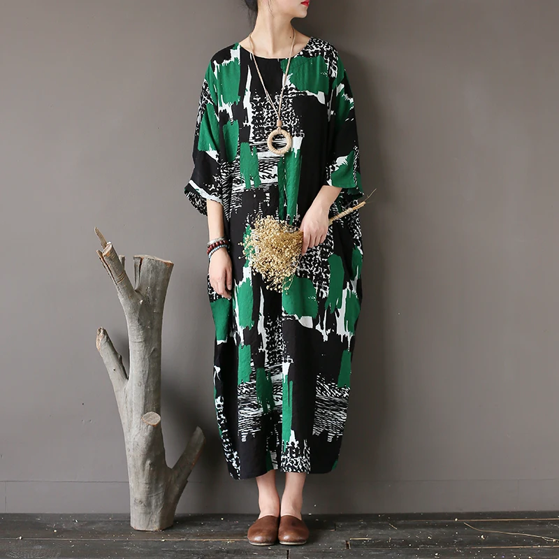 Yesno js4 Для женщин Свободные Длинные Printed Shift Dress Повседневное 100% хлопок кимоно с
