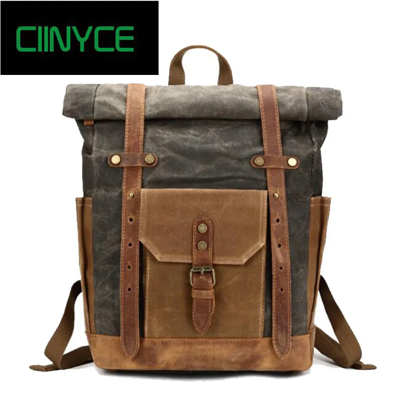 

2018 New Waxed Water Proof Canvas Vintage Cowhide Crazy Horse Preppy School Back Packs Unisex Men's Large Travel Bags Backpacks