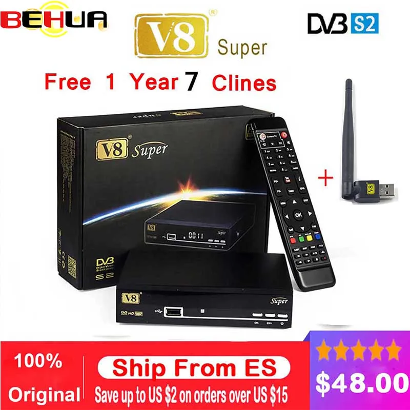 

V8 Super receptor DVB-S2 Satellite Receiver Full 1080P HD FTA Satellite decoder+USB WIFI support Biss Key newcam 3G IPTV Youporn