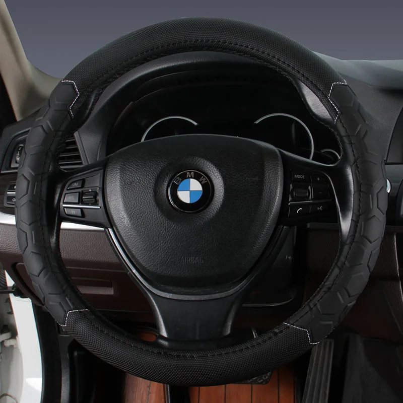 

KKYSYELVA Black Car Sport Steering Wheel Cover Leather Auto Steering Covers Universal 38CM wheel covers Car Inter Accessories