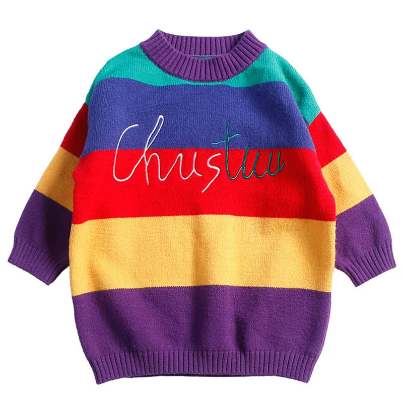 

2018 rainbow long sleeve knitted sweater cardigan for girls autumn winter kids boys casual clothing 3-10 Years children sweater