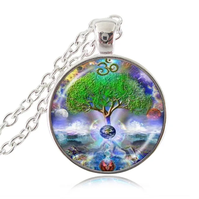 Glass Cabochon OM NAMASTE MANDALA pendant necklace with silver plated chain