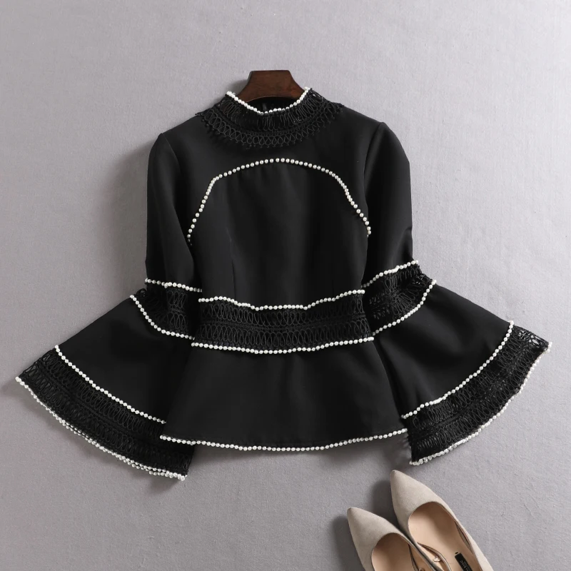 

PHOEBE HZ Autumn Women Bottoming Shirt Sweet Midi-Long Flare Sleeve hollow out lace Beading shirt