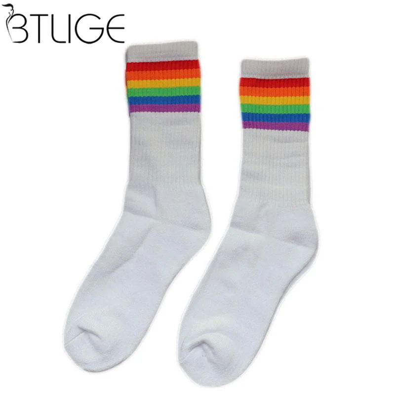 Stripes Men Cotton Socks Rainbow Causal Sport Long Crew Socks Outdoor Running Sport Breathable Skate Men's Ankle Socks