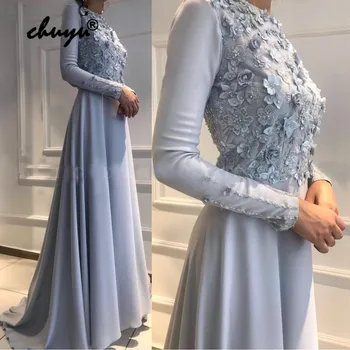 

Silver Muslim Evening Dress Satin Long Sleeves Lace vestido de festa Islamic Dubai Saudi Arabic Evening Gown Prom Dress