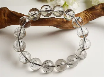 

Genuine Brazil Natural Black Rutilated Quartz Bracelets 14mm Big Stretch Crystal Round Bead Power Woman Men Bracelet