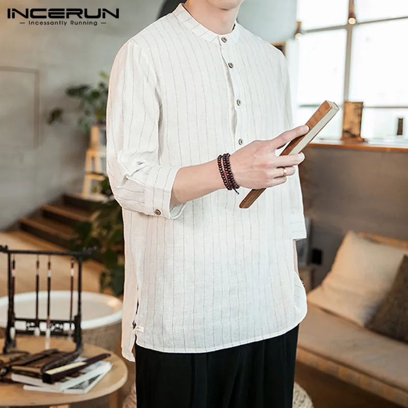 

INCERUN Seven-point Sleeve New Stand Collar Men Shirt Spring Summer Chinese Style Fashion Solid Color Striped Casual Camisas 5XL