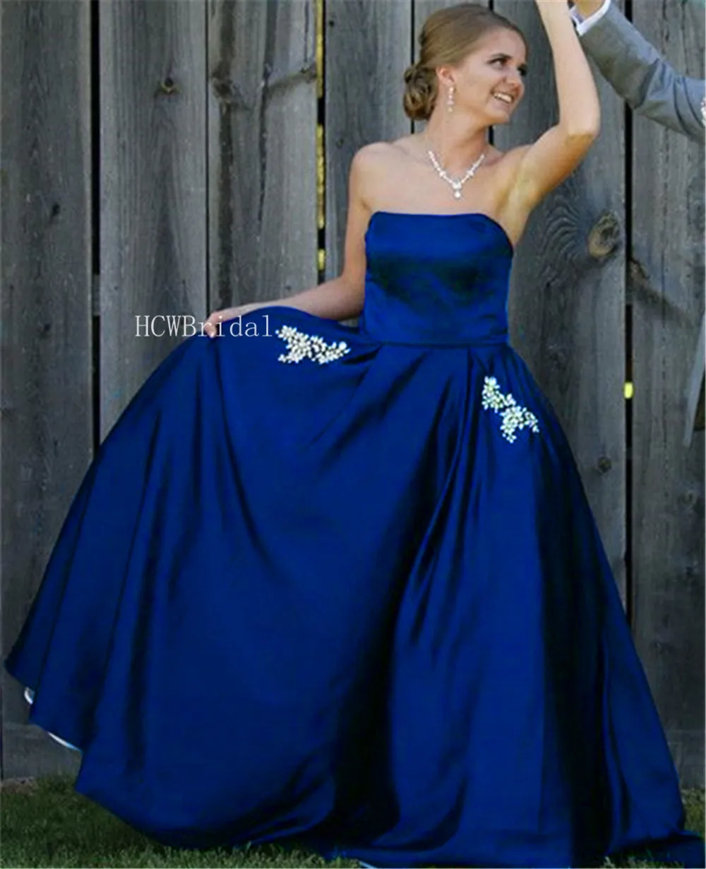 

Custom Made Strapless A Line Royal Blue Satin Evening Dress 2019 High Quality Floor Length Long Prom Gowns Vestido De Fiesta