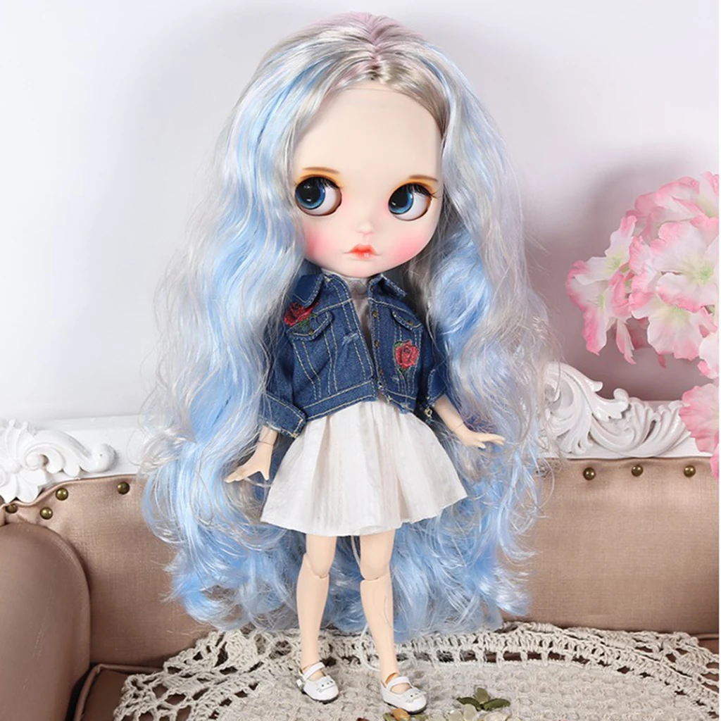 1/6 кукла большой кудрявый парик волосы с шапкой головы для Blythe куклы украшения одежды аксессуары - Цвет: Blue