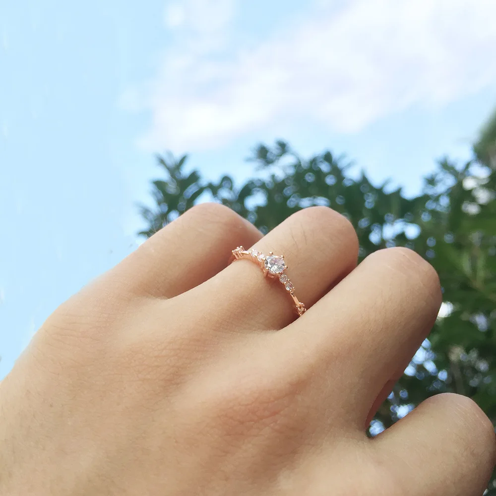 Двойные маленькие Кристальные тонкие кольца для женщин, розовое золото, блестящий циркон, минималистичное ювелирное изделие, Подарочные Кольца для девушек KCR090M