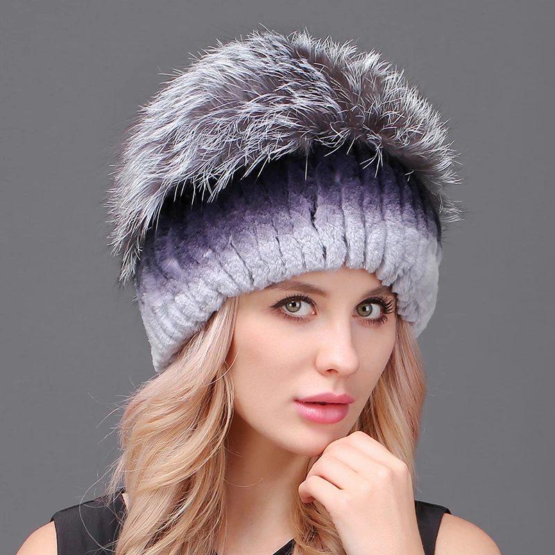

Winter Rex Rabbit Fur Hat For Women With Fox Fur Pom Poms Top Knitted Beanies Fur Hats Fashion Winter Warm Women Caps