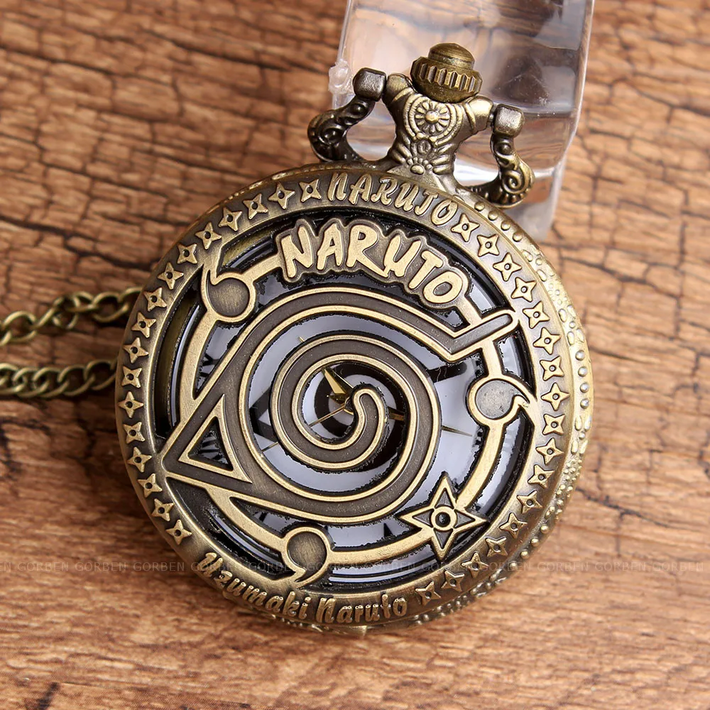 Ретро аниме Наруто бронзовые карманные часы ожерелье винтажные полые металлические Кварцевые брелок часы цепь кулон для женщины мужчины