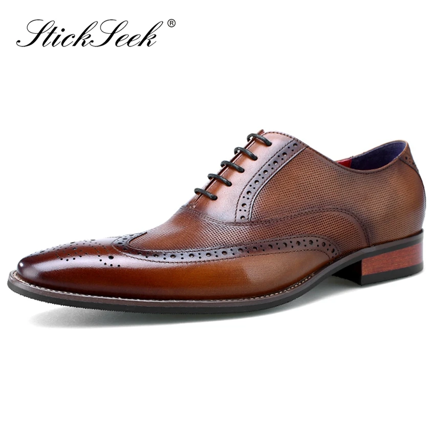 

New Luxury Genuine Cow Leather Formal Dress Wingtip Brogue Shoes Pointed Toe Carved Men's Banquet Welted Wedding Oxfords SK126