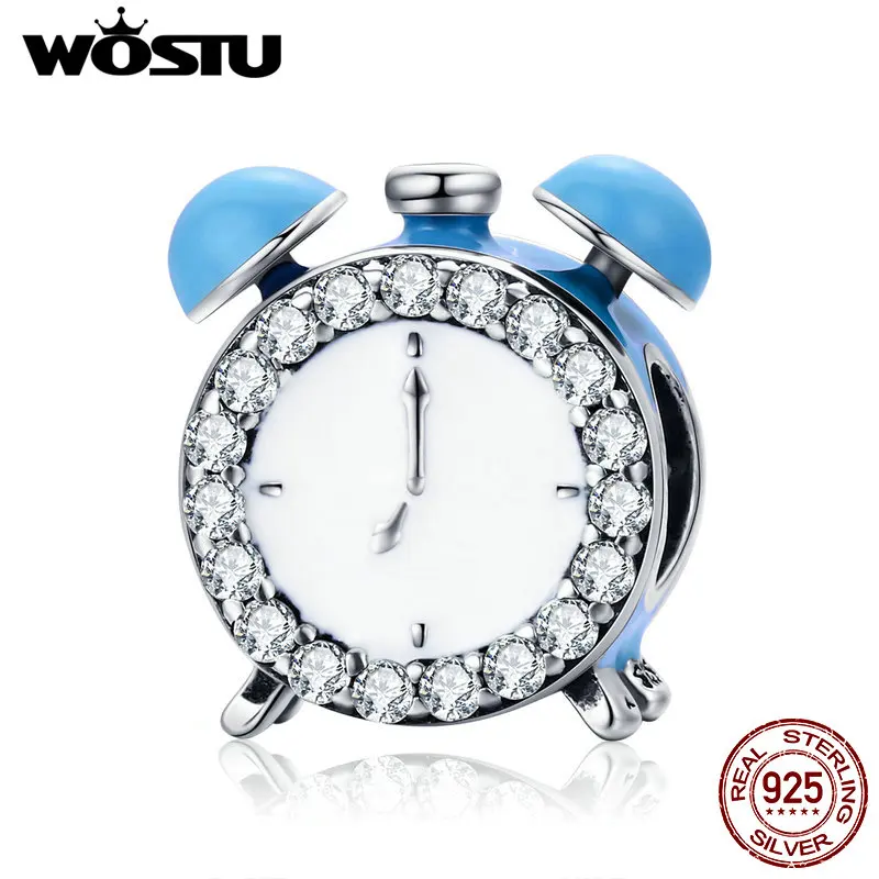 

WOSTU Genuine 925 Sterling Silver The Alarm Clock ,Blue Enamel CZ Charm fit Beads Bracelet Bangles DIY Jewelry Gift CQC659