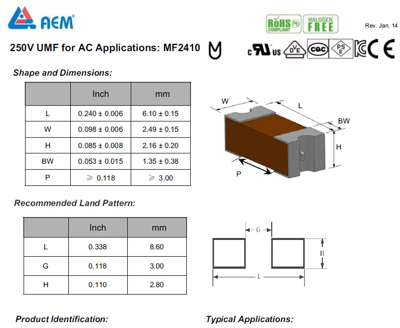 SMD, 2410 предохранитель, MF2410F0.500TM 250V 0.5A