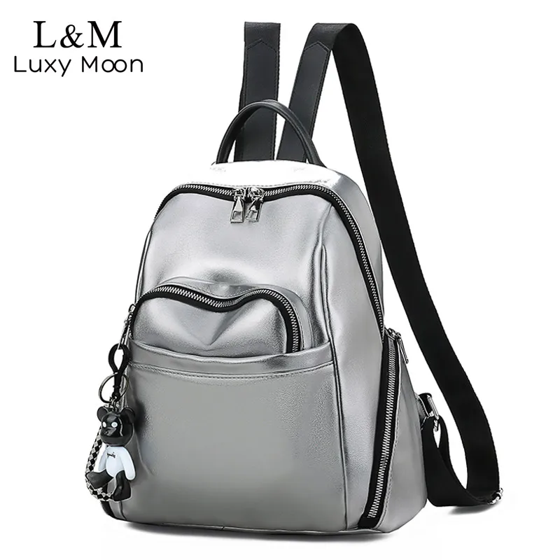 

Silver Korean Ladies Backpack Women Bags Soft Leather Bagpack Travel For Student School Bags sac mochilas mujer 2019 XA425H