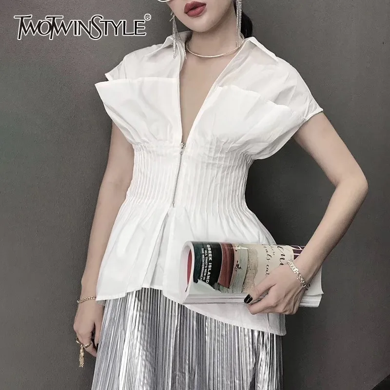 

TWOTWINSTYLE Elegant White Women Blouse V Neck Short Sleeve Ruched Tunic Irregular Shirt Female Fashion Clothes 2019 Summer